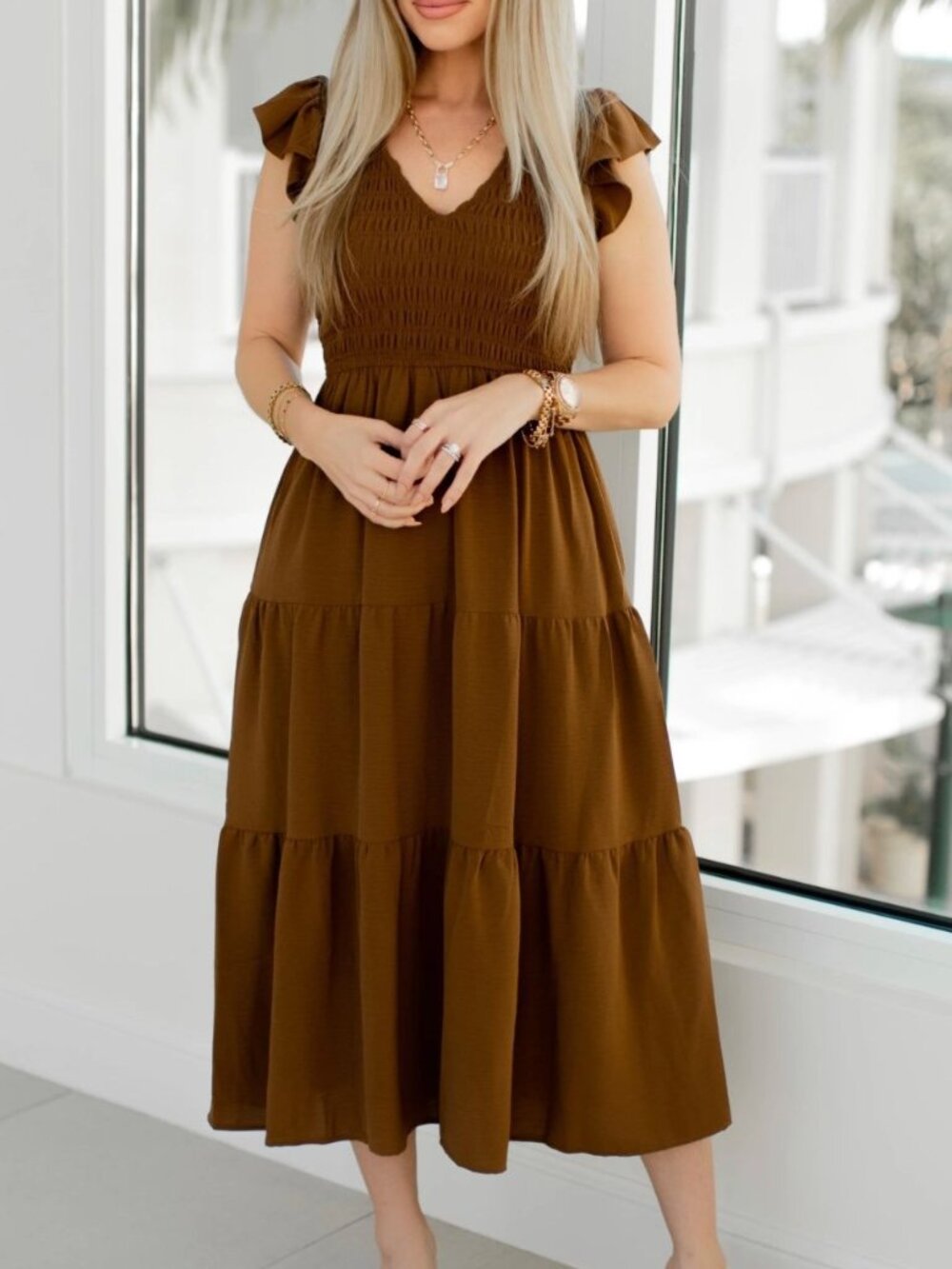 Blu Pepper Brown Smocked Tiered Midi Dress Size L